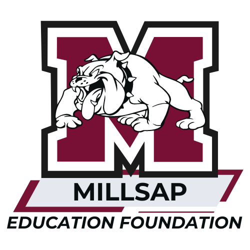 Millsap ISD Education Foundation Full Color Logo with Maroon M, Black outline and font, grey banner and Millsap bulldog in the center